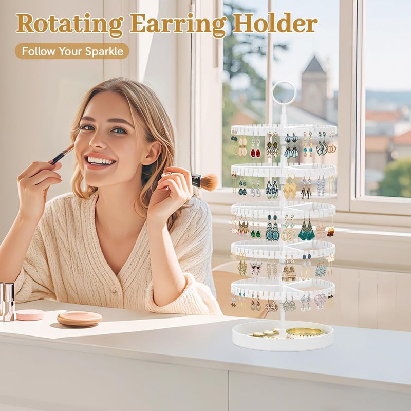 MODOWEY 5 Tier Rotating Earring Holder Organizer Display Tree with Metal Tray, Adjustable Plastic Stand with 285 Slots for Stud Hoop Hanger, Large Capacity Storage Rack for Women Space Saving, White - Image 2
